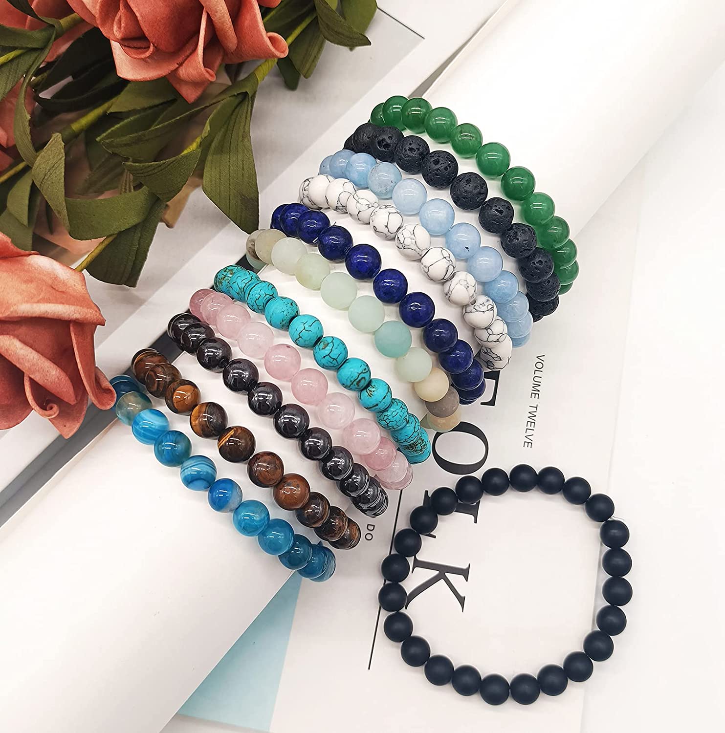 Jewdreamer 12Pcs Healing Stone Beaded Bracelets for Women Men Semi-Precious Gemstones Bracelets Crystal Beaded Bracelet Unisex Adjustable Stretch Bracelets 8MM - Image 7